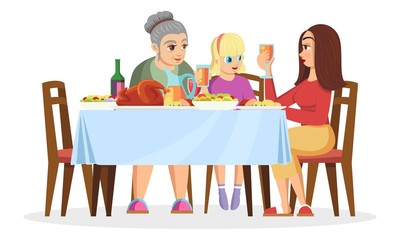 Blond girl, her mother or elder sister and grandmother sitting at table, chatting, eating, celebrating holidays. Family values, women s gathering. Vector cartoon illustration isolated on white.