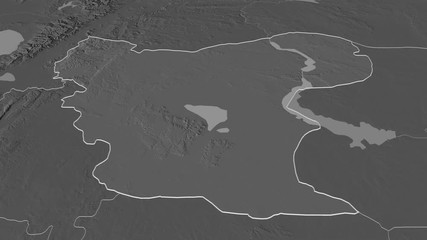Aleppo, province with its capital, zoomed and extruded on the bilevel map of Syria in the conformal Stereographic projection. Animation 3D