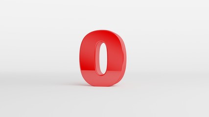 Number 0 in glossy red color on white background, isolated number, 3d render
