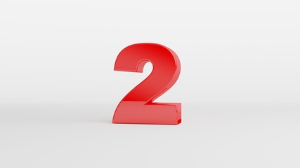 Number 2 in glossy red color on white background, isolated number, 3d render