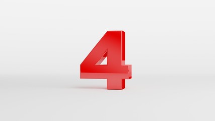 Number 4 in glossy red color on white background, isolated number, 3d render