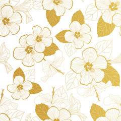 white gold hibiscus seamless pattern