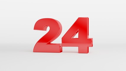 Number 24 in glossy red color on white background, isolated number, 3d render