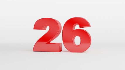 Number 26 in glossy red color on white background, isolated number, 3d render