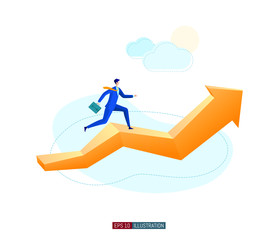 Trendy flat illustration. Businessman runs forward on an arrow. Business or career growth concept. Motivation. Goal achievment. Way up. Template for your design works. Vector graphics.