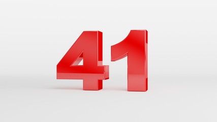 Number 41 in glossy red color on white background, isolated number, 3d render