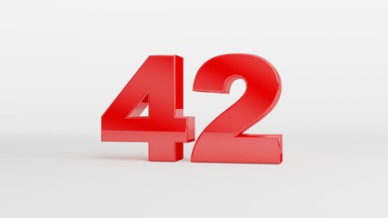 Number 42 in glossy red color on white background, isolated number, 3d render
