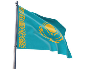 Kazakhstan flag waving on pole with white isolated background. National theme, international...