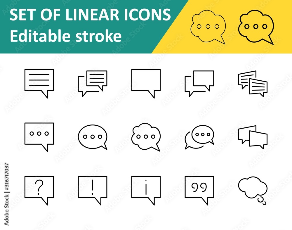 Poster set of speech bubble chat vector lines of icons. editable stroke. 32x32 pixels.