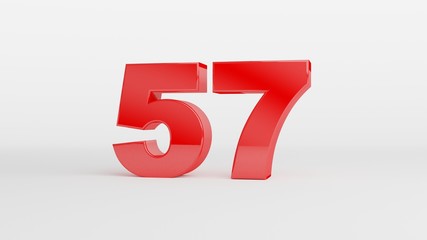 Number 57 in glossy red color on white background, isolated number, 3d render