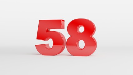 Number 58 in glossy red color on white background, isolated number, 3d render