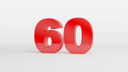 Number 60 in glossy red color on white background, isolated number, 3d render