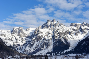 Winter landscape at early morning in small village and ski resort Werfenweng, Austria, Europe.