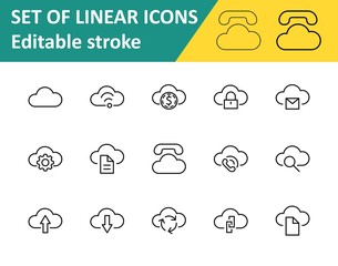 Set of Cloud Vector Line Icon. It contains Symbols to Upload, Download, Link and more. Editable Stroke. 32x32 pixels