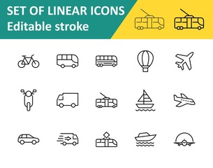 Set of Public Transport Related Vector Line Icons. Contains such Icons as Bus, Bike, Scooter, Car, balloon, Truck, Tram, Trolley, Sailboat, powerboat, Airplane and more. Editable Stroke. 32x32 Pixel