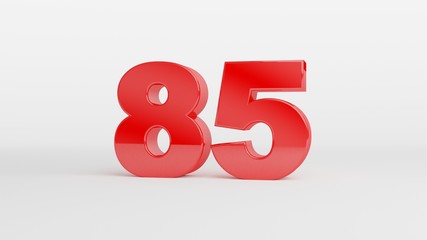 Number 85 in glossy red color on white background, isolated number, 3d render