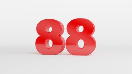 Number 88 in glossy red color on white background, isolated number, 3d render
