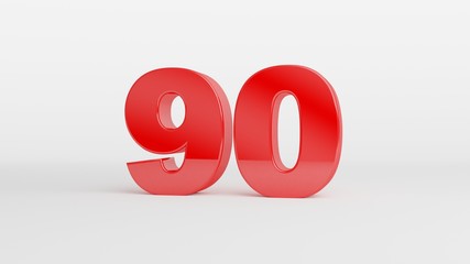 Number 90 in glossy red color on white background, isolated number, 3d render