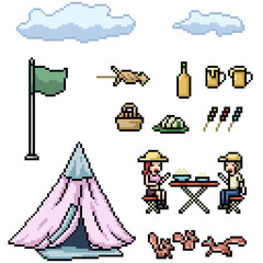 vector pixel art picnic camp