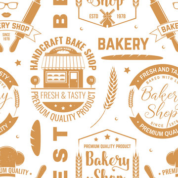Bakery shop seamless pattern or background. Vector. Seamless bakery pattern with with rolling pin, bakehouse, wheat ears silhouette. Bakery shop texture.