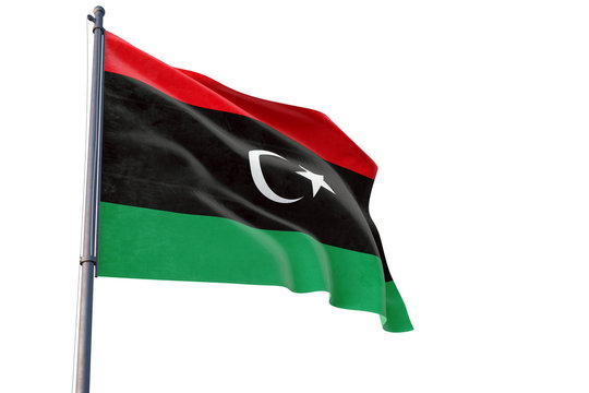 Libya flag waving on pole with white isolated background. National theme, international concept.