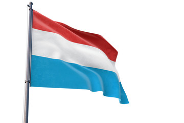 Luxembourg flag waving on pole with white isolated background. National theme, international concept.