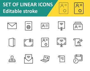 Set of Legal Documents Related Vector Line Icons. Contains such Icon as Visa, Contract, Declaration, License, Permission, Grant and more. Editable Stroke. 32x32 Pixels