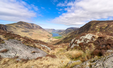 Fototapeta premium Views of Hay Stacks and High Crag on the left, Buttermere in the centre with Robinson and Fleetwith Pike on the Right.