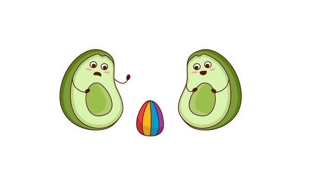 Cute cartoon avocado family, two parents and a rainbow child. Young parents, little baby. Аnimation on a transparent background
