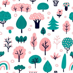 Woodland Seamless pattern. Cute Vector Illustration with different trees. Good for postcard, wallpaper, background, sites, print or embroidery. © jenny on the moon