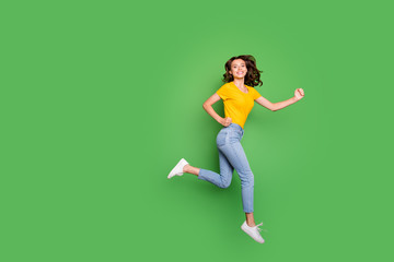 Full length body size view of nice attractive lovely slim fit thin cheerful wavy-haired girl having...