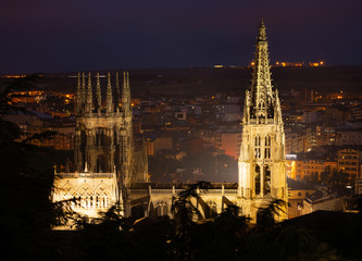 Famous cathedral in Burgos city illuminated at dusk  in Castilla Leon