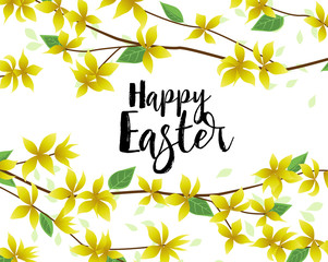 Obraz premium Vector illustration of Forsythia flower from tree. Spring landscape, nature background. Decoration yellow flowers card Happy Easter. Golden Rain