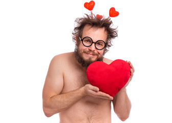 Happy Valentines Day. Crazy bearded Man with funny Haircut in eye Glasses. Happy and silly guy in...