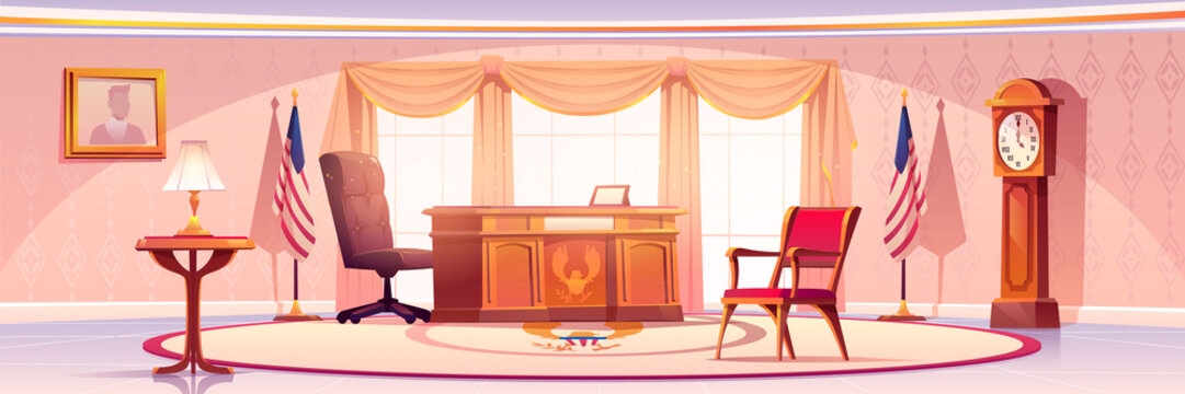 Oval office in White house. Vector cartoon empty interior of american presedent cabinet with vintage furniture, desk and leather chair, retro wooden clock, flag of USA and portrait on wall