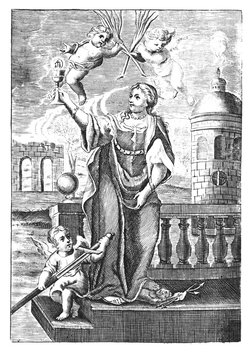 Antique vintage religious allegorical engraving or drawing of Christian holy woman saint Barbara with cherubs or angels.Illustration from Book Die Betrubte Und noch Ihrem Beliebten..., Austrian Empire