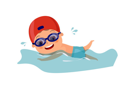 Happy cute kid boy swims. Cute kid in the swimming pool. Daily routine for kids. Boy in water. Little boy is smiling with joyful expression face, isolated on a white background. Vector flat image