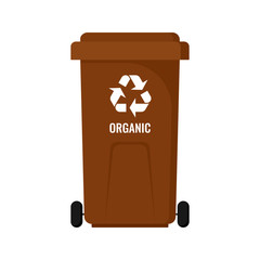 Brown trash can on wheels for separate sorting of organic waste, Zero waste concept stock vector illustration on a white background. 