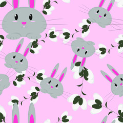 Seamless pattern with a hare and willow branches on a pink background. Flat cartoony style. Subtle theme. Suitable for decoration for Easter. Vector. For fabric, covers, wrapping paper, wallpaper
