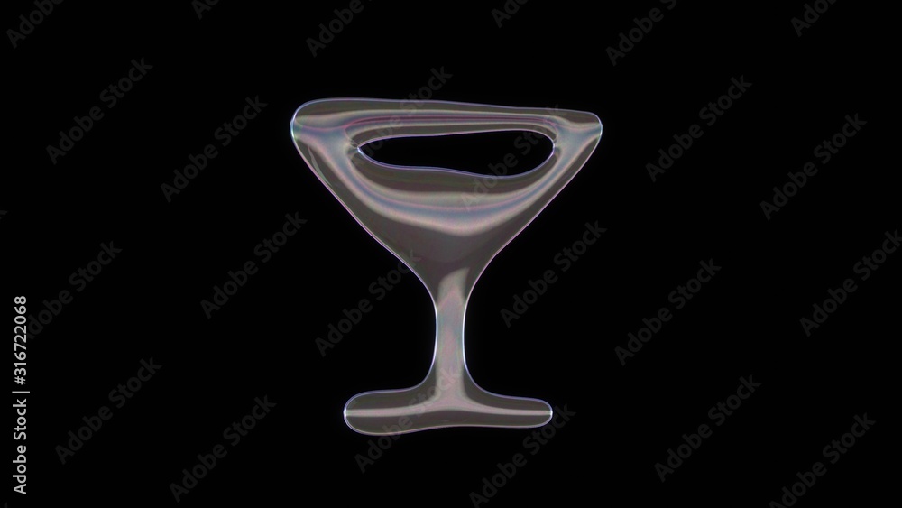 Poster 3d rendering of distorted transparent soap bubble in shape of symbol of cocktail glass isolated on b