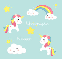 unicorno arcobaleno ed elementi carini