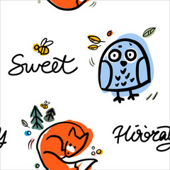 Funny owl and fox vector seamless pattern. Colorful forest ornament for textile, background, fabric. Cartoon character bird.