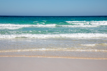 Cloudless sky over a colorful sea with diferent colors aquamarine turquoise dakr blue azure with waves prducing white foam crushing against a yellow beach summer sumertime sunny calm water tranquil