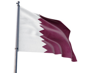 Qatar flag waving on pole with white isolated background. National theme, international concept.