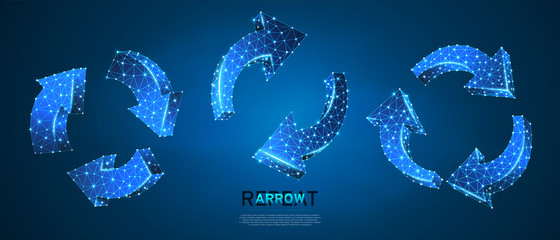 Refresh circular arrows symbol set. Low poly, wireframe, digital 3d vector illustration. Repeat, refresh button concept on blue neon background. Abstract polygonal neon sign