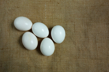 Five eggs on bagging fabric closeup view. Easter background with copy space. Traditional farming healthy food product. Protein nutrition source