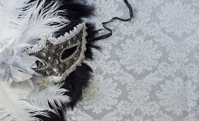silver venetian mask and feathers detail on gray vintage background
