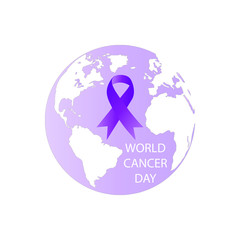 World Cancer Day on February 4th. Vector illustration with violet ribbon over earth globe and white background