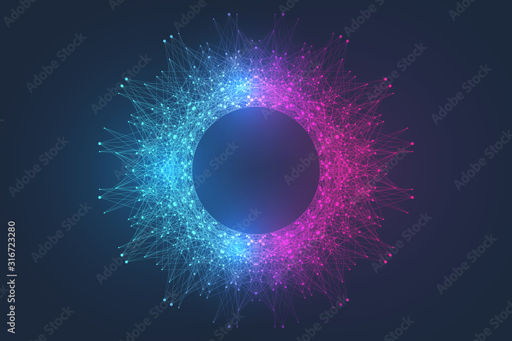 Leinwandbilder Scientific vector illustration quantum computer technology. Plexus fiction effect. Deep learning artificial intelligence. Big data algorithms visualization. Quantum explosion background.