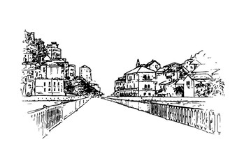 the picture bridge,the old town.the sketch is black and white.vector image.
